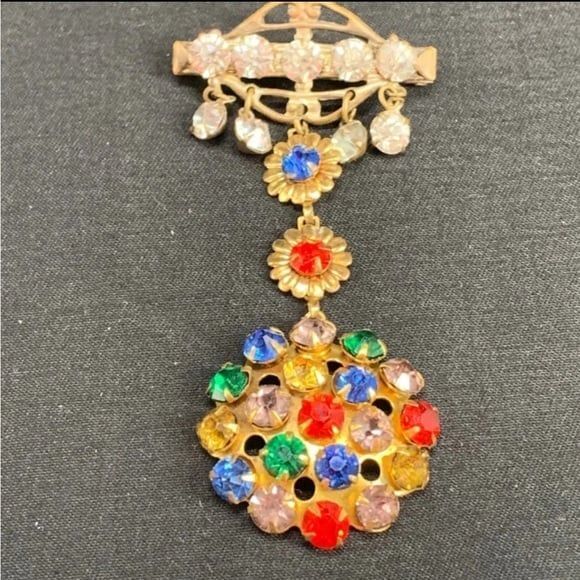 Vintage unique glass rhinestone gold tone and silver tone brooch - Picture 2 of 10